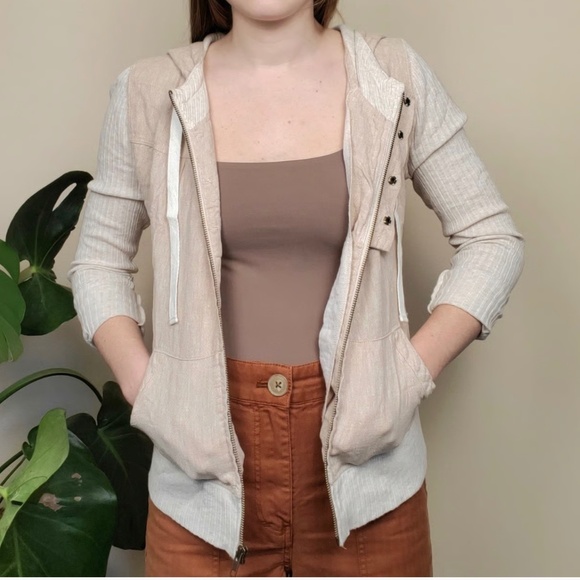 Anthropologie Saturday Sunday Tan Cream Linen Ribbed Zip Up Hoodie - Picture 2 of 7